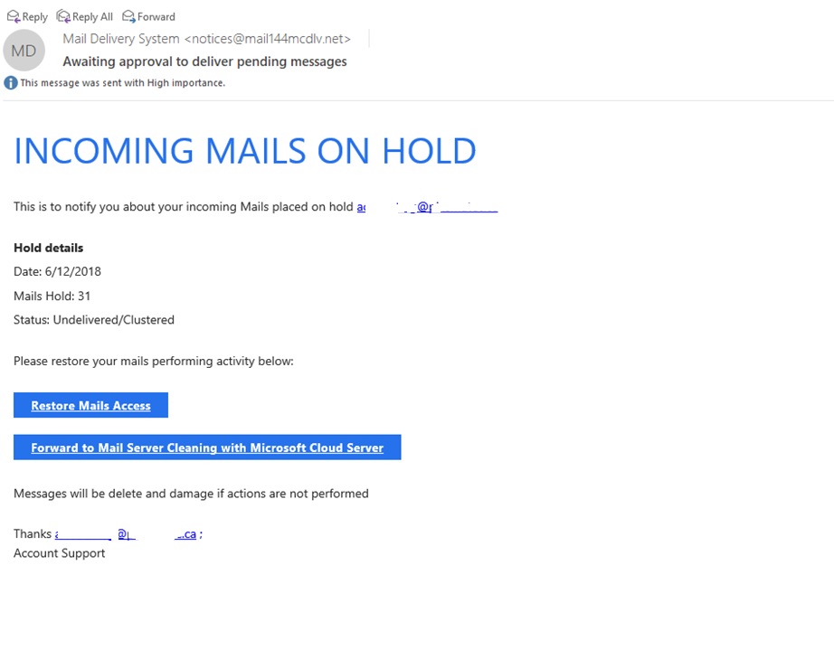 incoming Mails on hold scam